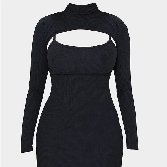 Black Rib Cut Out High Neck Bodycon Dress - 2 - Picture 4 of 4